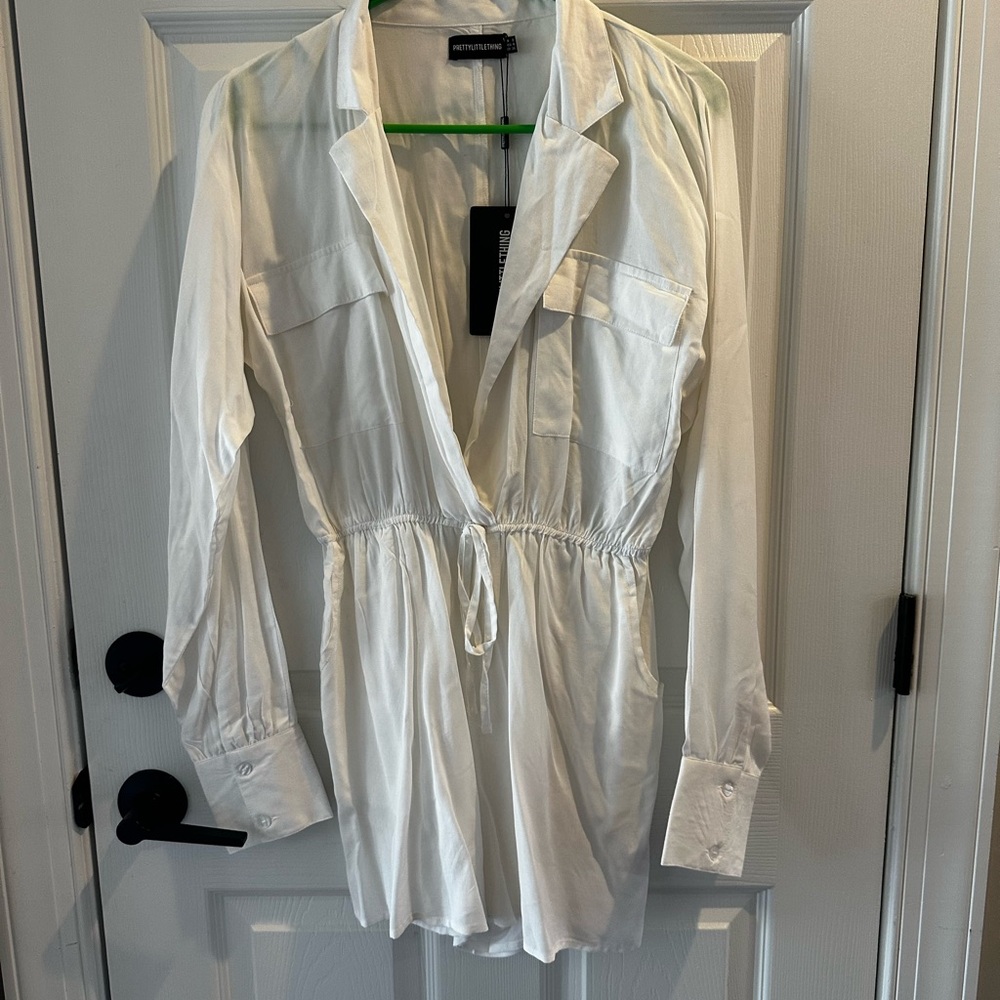 White Long Sleeve Button-Up Romper